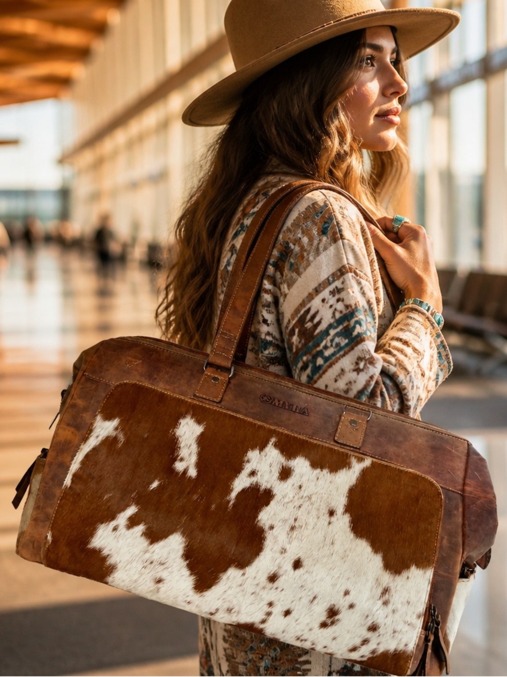 Myra Bag Cowhide Leather Duffle Bag Western Weekender Travel Carry On NWT - Picture 2 of 15